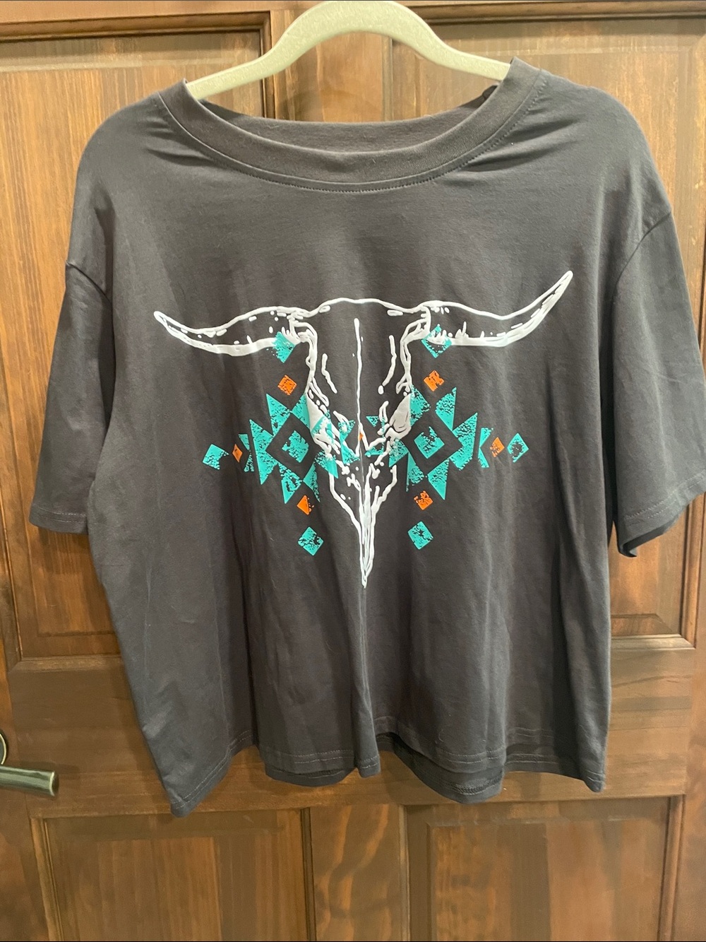 Black Graphic Longhorn Skull Tee with Turquoise & Orange Accents